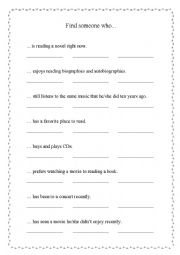 English Worksheet: Find someone who... books