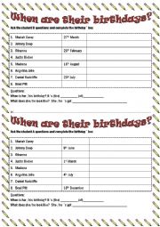 English Worksheet: When are their birthdays?
