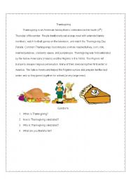 English Worksheet: Thanksgiving Reading and Questions