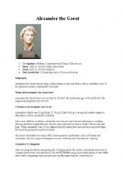 English Worksheet: Alexander the Great reading comprehension
