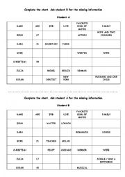 English Worksheet: Personal information - Complete the chart - Pair work