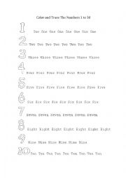 English Worksheet: color and trace the numbers 1 to 10