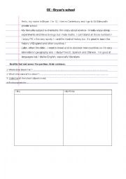 English Worksheet: Written comprehension: Bryans school