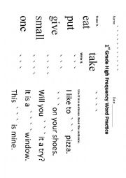 English Worksheet: 1st Grade High Frequency Word Practice