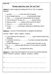 English Worksheet: forming adjectives using ful and less