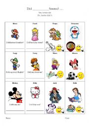 English Worksheet: Did ________? / Does ____ like ____?