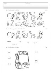 English Worksheet: short test for 1st graders primary school, school objects, colours, animals