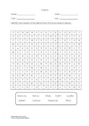 Word Search On Names of Planets