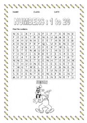 English Worksheet: numbers wordsearch 1 to 20