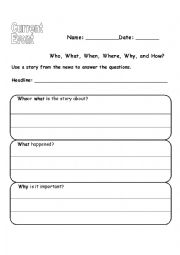 English Worksheet: Current Event W-Questions 3 boxes