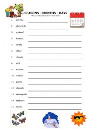 English Worksheet: Seasons, Months, Days of the Week Wordscramble