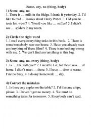 English Worksheet: Some/any/no