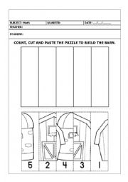 English Worksheet: Count, cut and paste the puzzle to build the barn.
