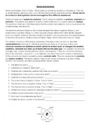 English Worksheet: ESL atoms worksheet for Science