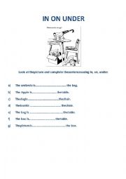 English Worksheet: IN ON UNDER