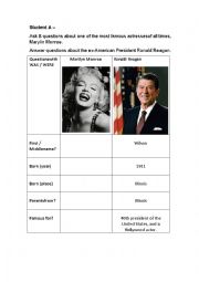 Marylin Monroe and Ronald Reagan Worksheet with Verb To Be (Past)