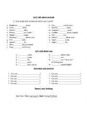 English Worksheet: Exercises of can and cant topic animals