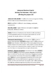 English Worksheet: ADVANCED BUSINESS ENGLISH - GETTING THE INTERVIEW - PART 2 OF 2 (RESUME WRITING)