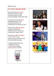 English Worksheet: OUR TEACHER SINGS THE BEATLES (a poem + questions)