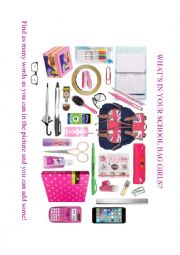 English Worksheet: Whats in your school bag girls ? 