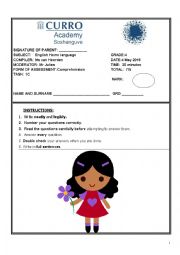 English Worksheet: Grade 4 Language Comprehension 