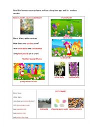 English Worksheet: MARY, MARY, QUITE CONTRARY (2 versions of the poem + questions)