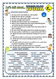 English Worksheet: LETS TALK ABOUT WORK (SPEAKING SERIES 40) NEW VERSION