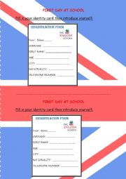 English Worksheet: REGISTRATION FORM - FIRST DAY AT SCHOOL - IDENTITY CARD