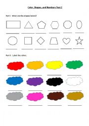 English Worksheet: Color, Shapes and Numbers Test