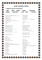 English Worksheet: Listening-Faded (Adam Walker)