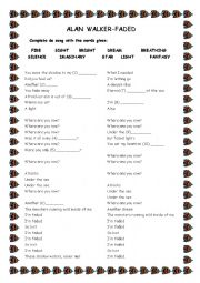 English Worksheet: Listening-Faded (Adam Walker)