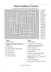 English Worksheet: Phobias and Manias Crossword