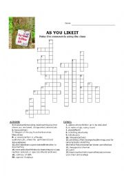 English Worksheet: As You Like it Crossword