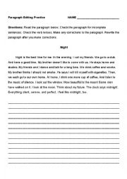 English Worksheet: Paragraph Editing Practice - Night 