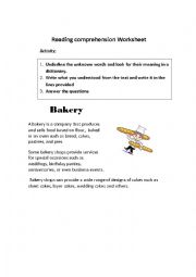 English Worksheet: Bakery reading comprehension