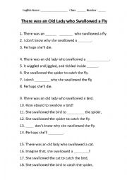 English Worksheet: There was an old lady who swallowed a fly 