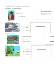 English Worksheet: Activity - There is / there are (with rooms and parts of a house)