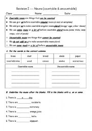 English Worksheet: Countable & Uncountable Nouns