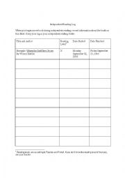 English Worksheet: Independent Reading Log