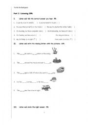 English Worksheet: A test for the third grade- Listening part & answer keys