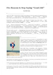 English Worksheet: Five Reasons to Stop Saying Good Job! by Alfie Kohn