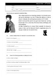 English Worksheet: Test - Personal ID, Likes and dislikes