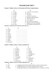 English Worksheet: Unit 1 - Vocabulary