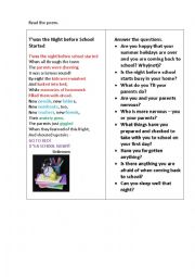 English Worksheet: TWAS NIGHT BEFORE SCHOOL STARTED (a poem + questions)