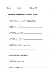 English Worksheet: Food Vocab Unscramble