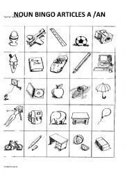 English Worksheet: Article bingo    A/AN 