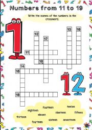 English Worksheet: Numbers from 11 to 19 Crossword