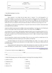 English Worksheet: Test Peer Pressure -10th grade