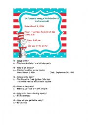 English Worksheet: Dr. Seuss Birthday Party