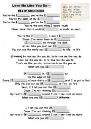 English Worksheet: Love Me Like You Do ~ ELLIE GOULDING (Listening Exercise + Answer Key)